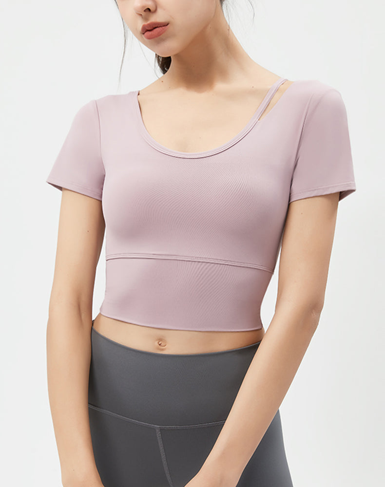 Left Shoulder Strap Short Sleeve Yoga Top