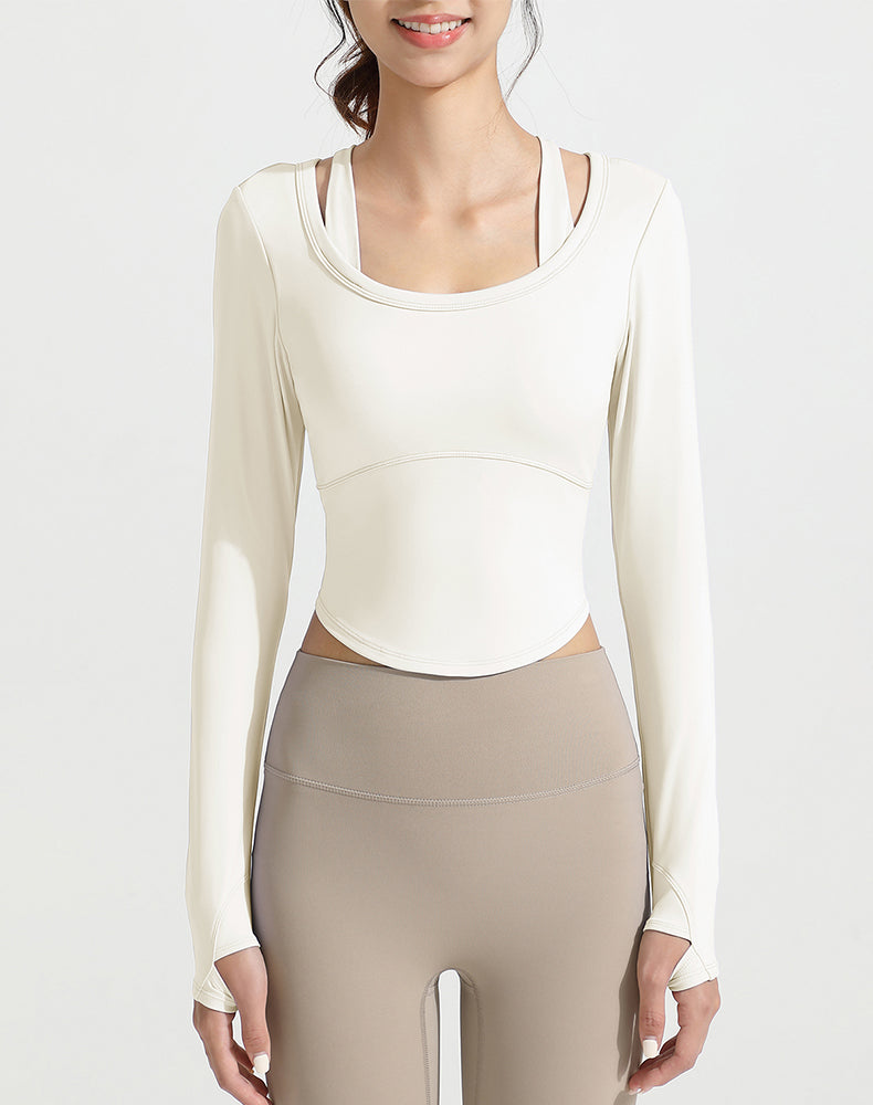 Double Shoulder Strap Round Hem Long Sleeve Yoga Top