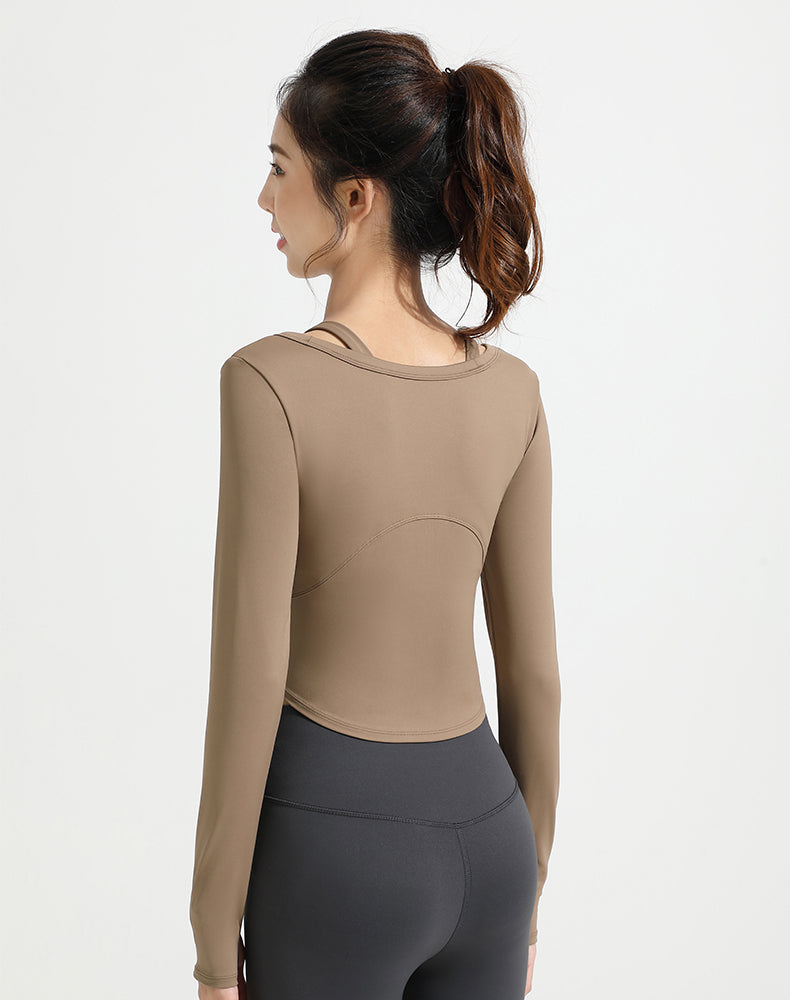 Double Shoulder Strap Round Hem Long Sleeve Yoga Top