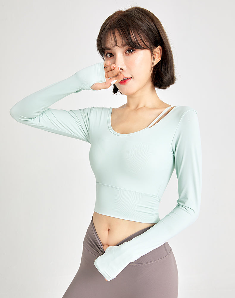 Left Shoulder Strap Long Sleeve Yoga Top