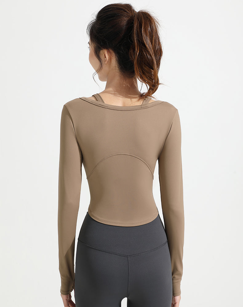 Double Shoulder Strap Round Hem Long Sleeve Yoga Top