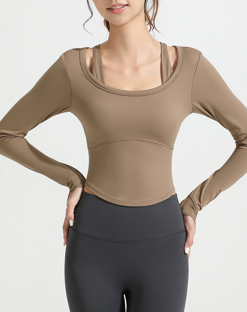 Double Shoulder Strap Round Hem Long Sleeve Yoga Top