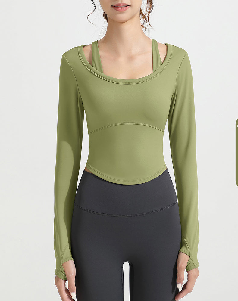 Double Shoulder Strap Round Hem Long Sleeve Yoga Top