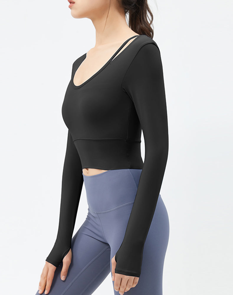 Left Shoulder Strap Long Sleeve Yoga Top