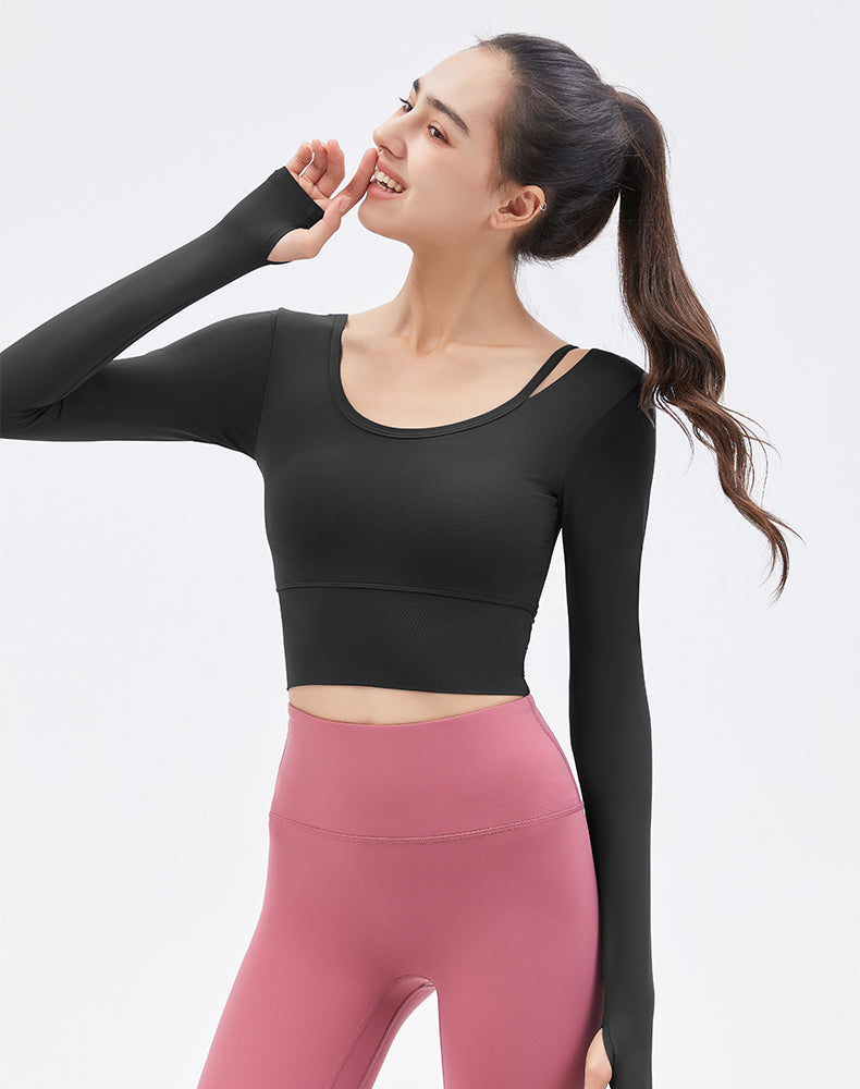 Left Shoulder Strap Long Sleeve Yoga Top