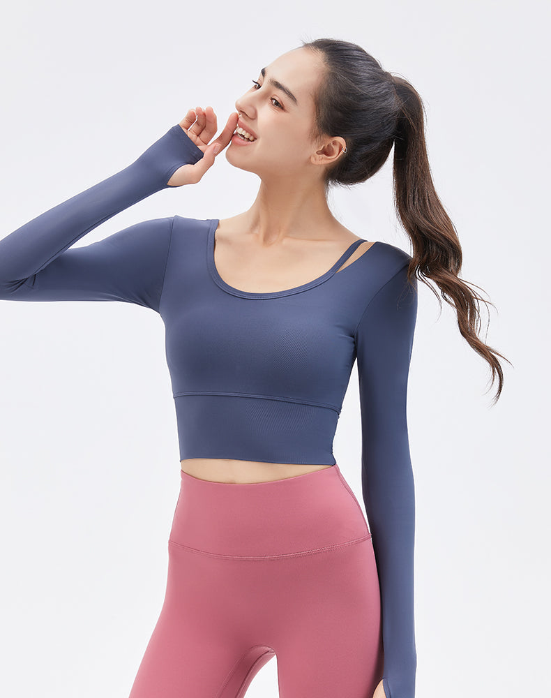 Left Shoulder Strap Long Sleeve Yoga Top