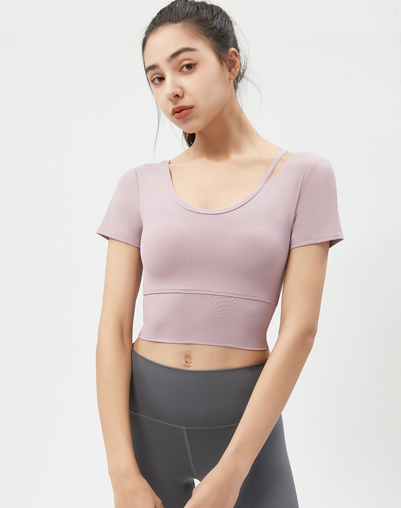 Left Shoulder Strap Short Sleeve Yoga Top