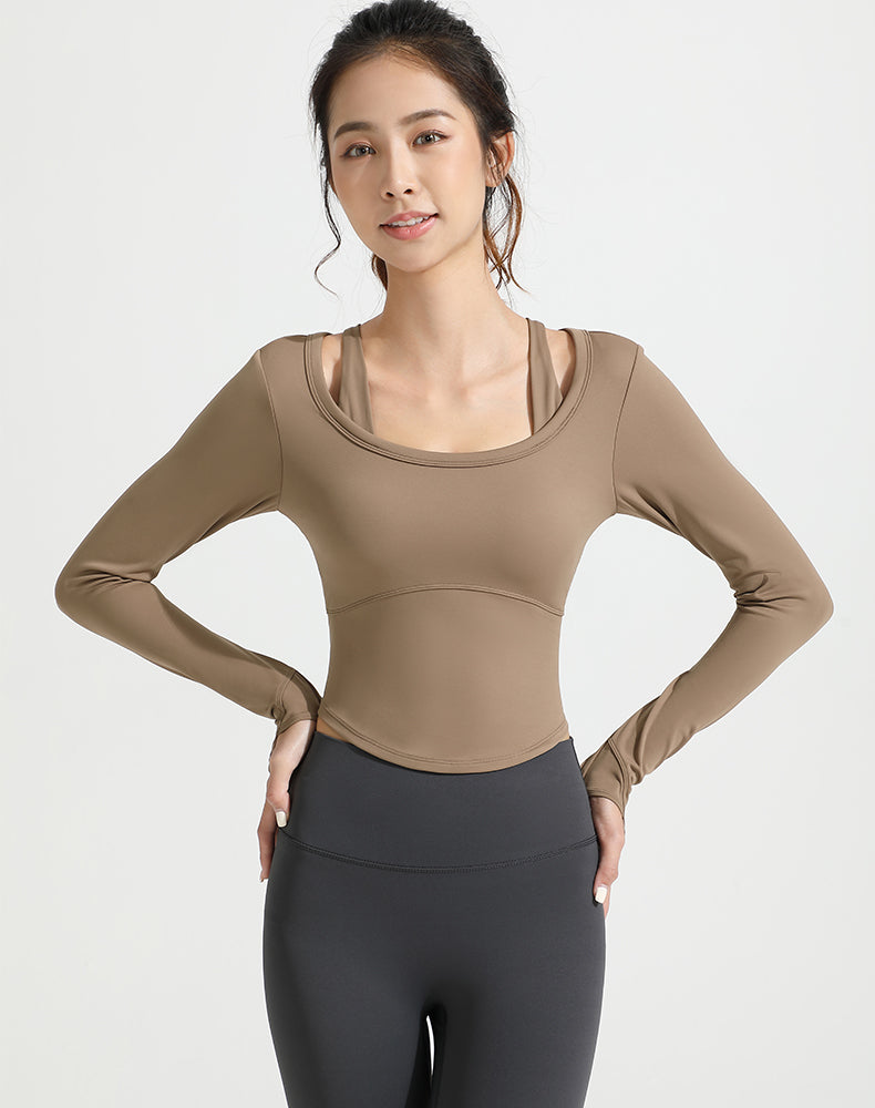 Double Shoulder Strap Round Hem Long Sleeve Yoga Top