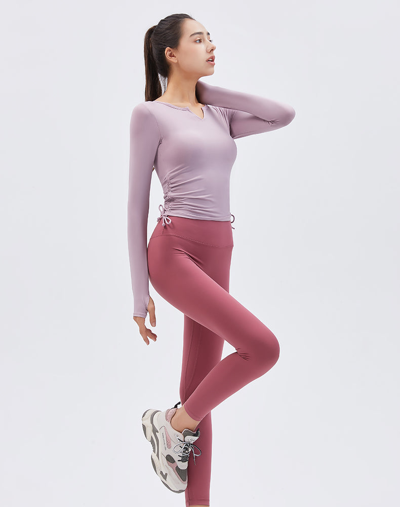 V-Neck Drawstring Long Sleeve Yoga Top