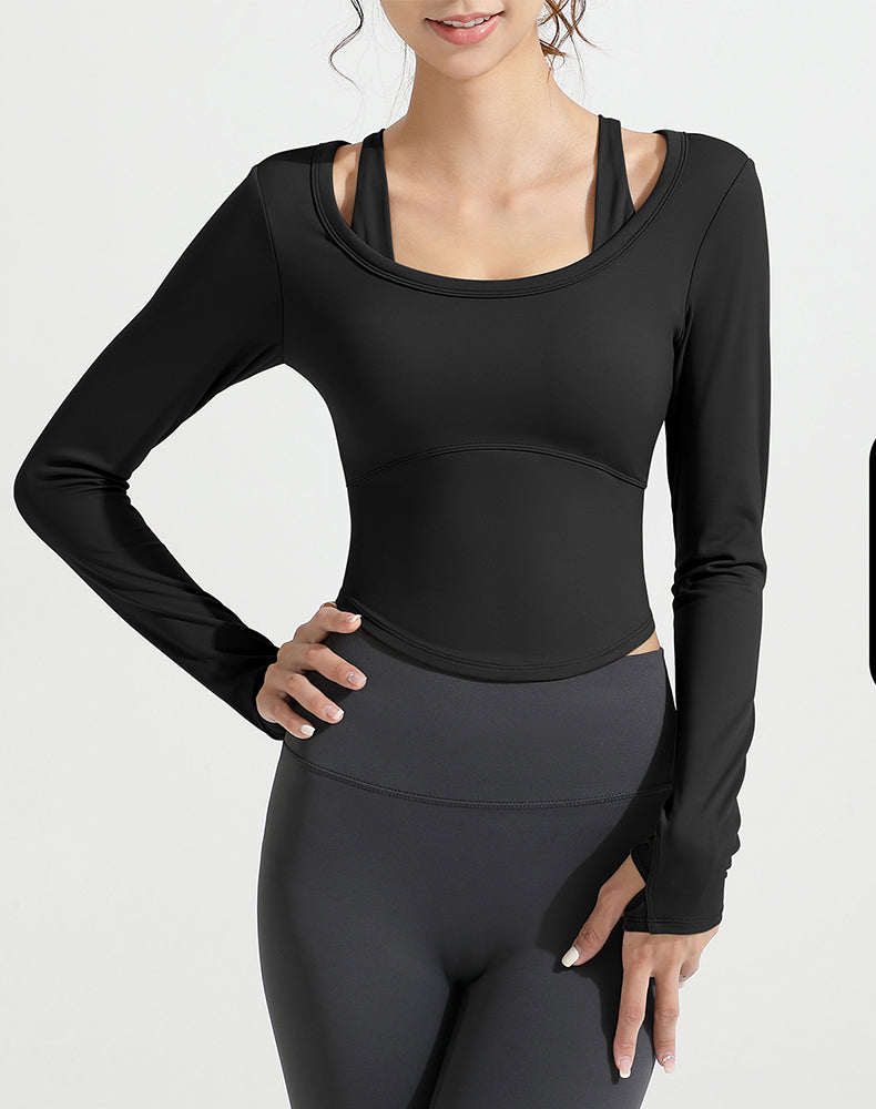 Double Shoulder Strap Round Hem Long Sleeve Yoga Top