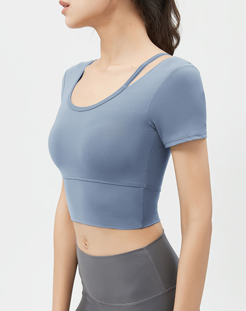 Left Shoulder Strap Short Sleeve Yoga Top