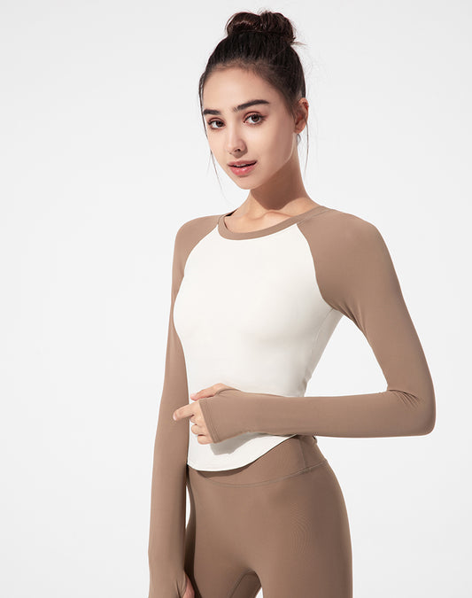 Color-Block Round Hem Long Sleeve Yoga Top