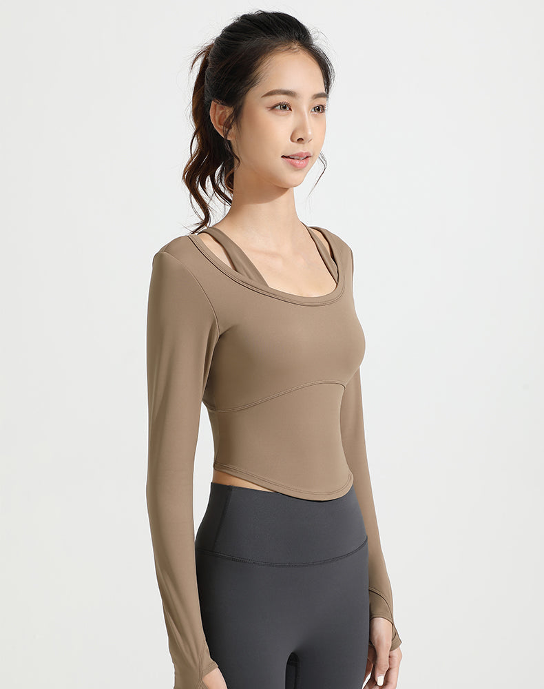 Double Shoulder Strap Round Hem Long Sleeve Yoga Top