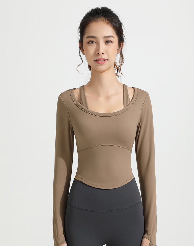 Double Shoulder Strap Round Hem Long Sleeve Yoga Top