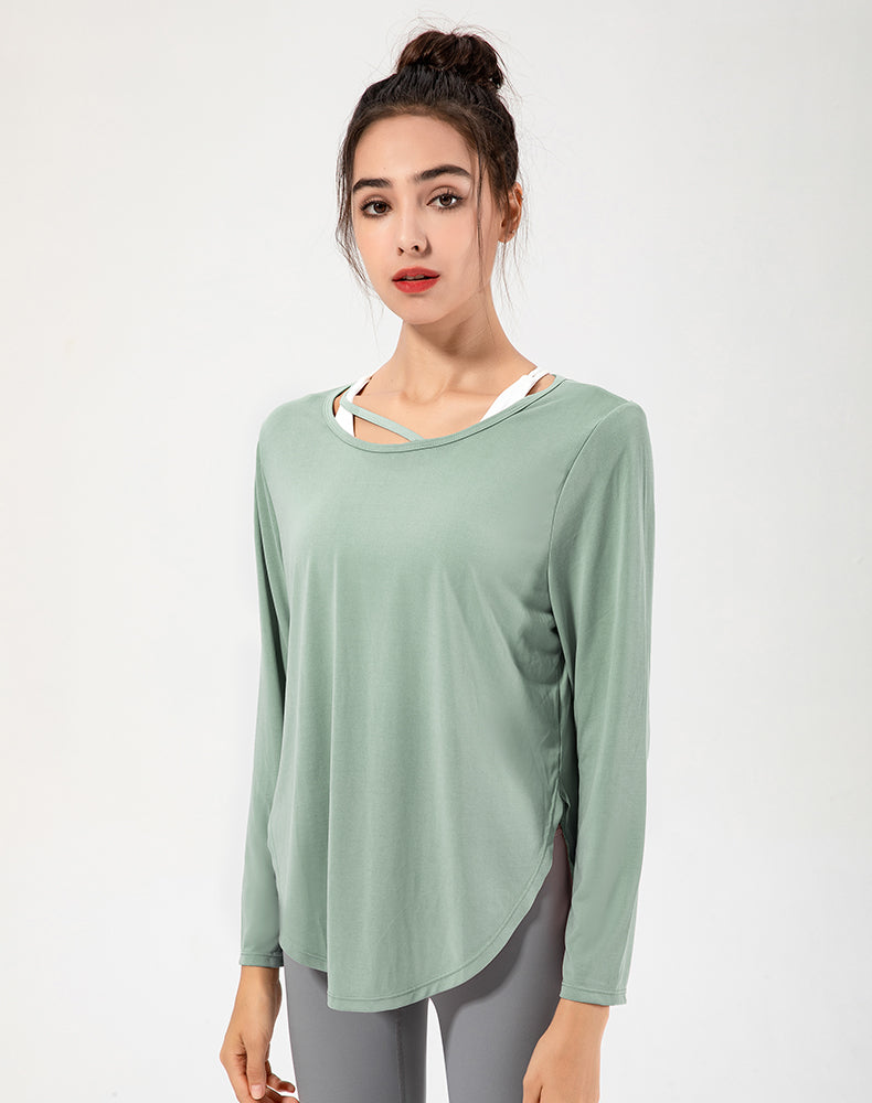 Copper Ammonia Fiber Round Hem Long Sleeve Yoga Top