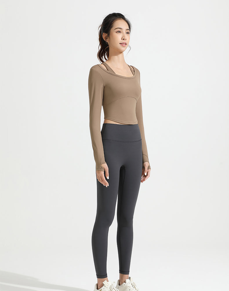 Double Shoulder Strap Round Hem Long Sleeve Yoga Top