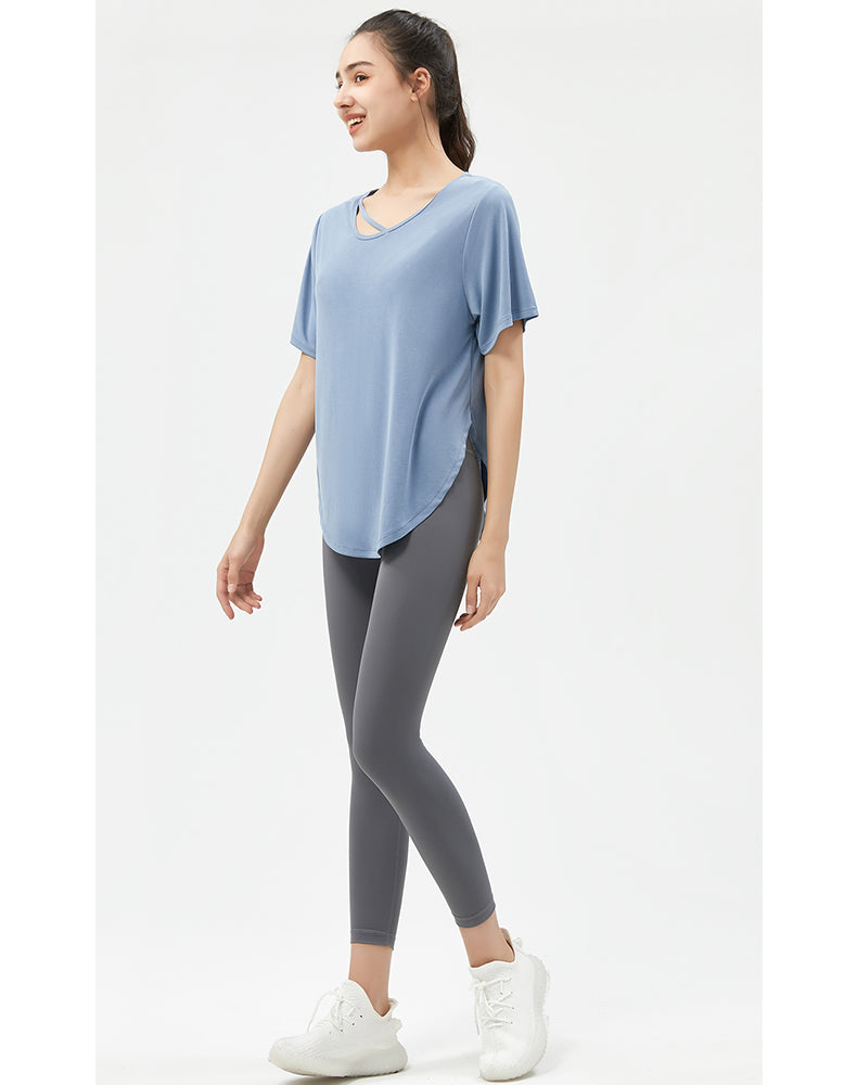 Loose Fit Round Hem Short Sleeve Yoga Top