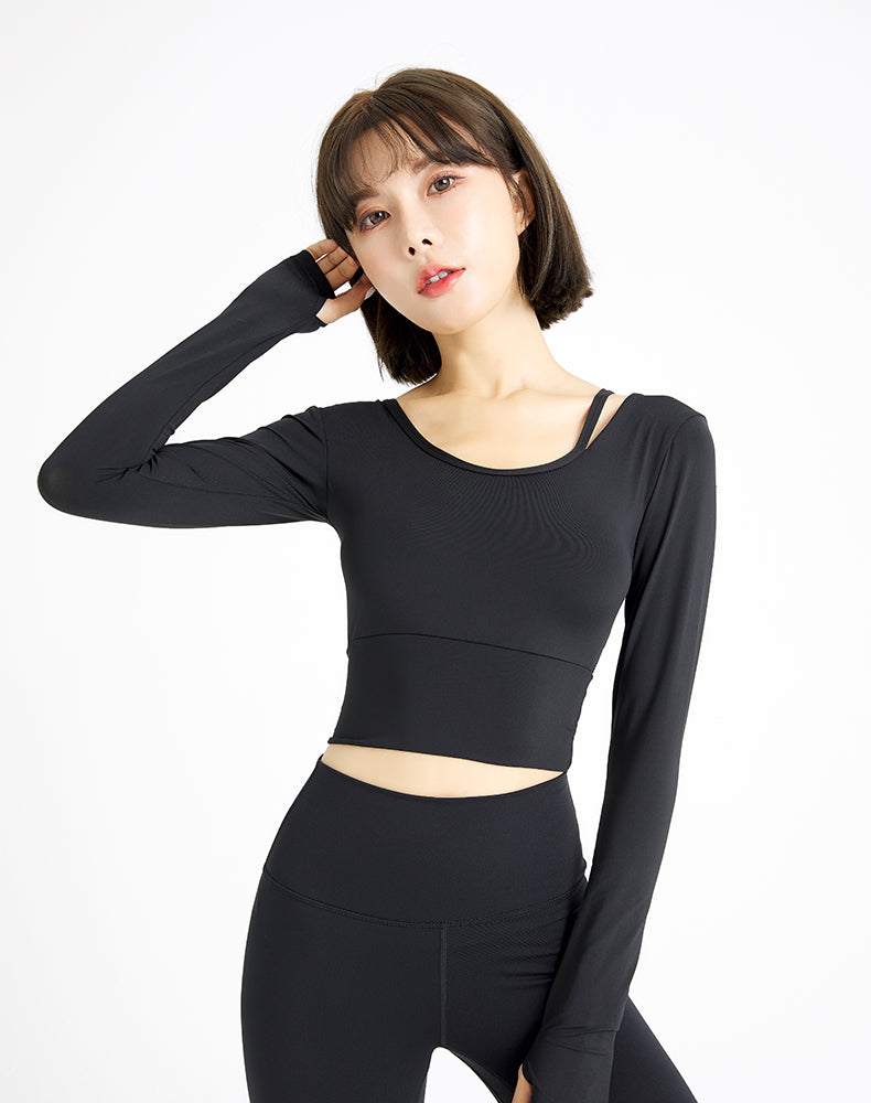 Left Shoulder Strap Long Sleeve Yoga Top