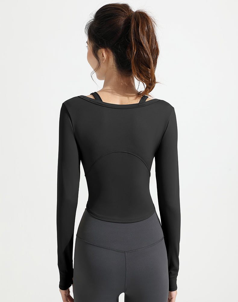 Double Shoulder Strap Round Hem Long Sleeve Yoga Top