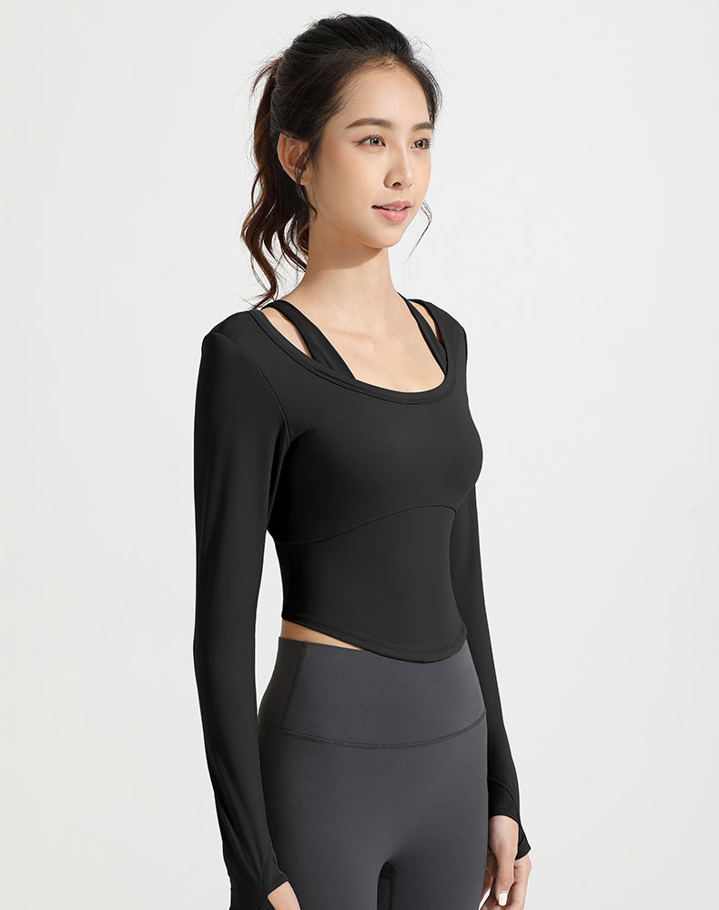 Double Shoulder Strap Round Hem Long Sleeve Yoga Top