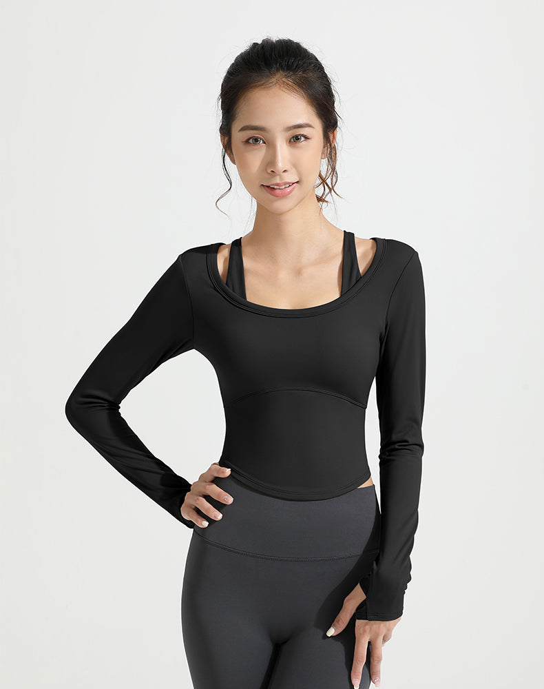 Double Shoulder Strap Round Hem Long Sleeve Yoga Top