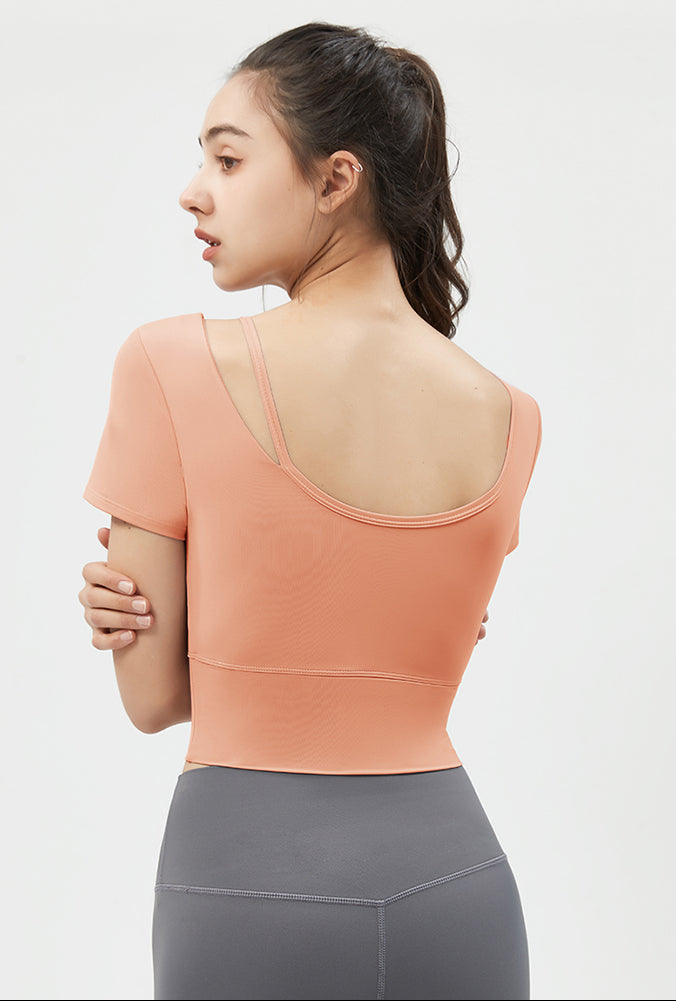 Left Shoulder Strap Short Sleeve Yoga Top