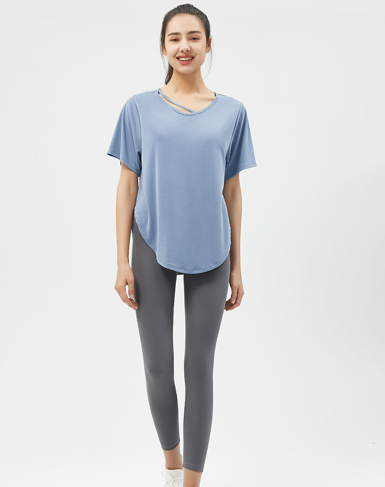 Loose Fit Round Hem Short Sleeve Yoga Top