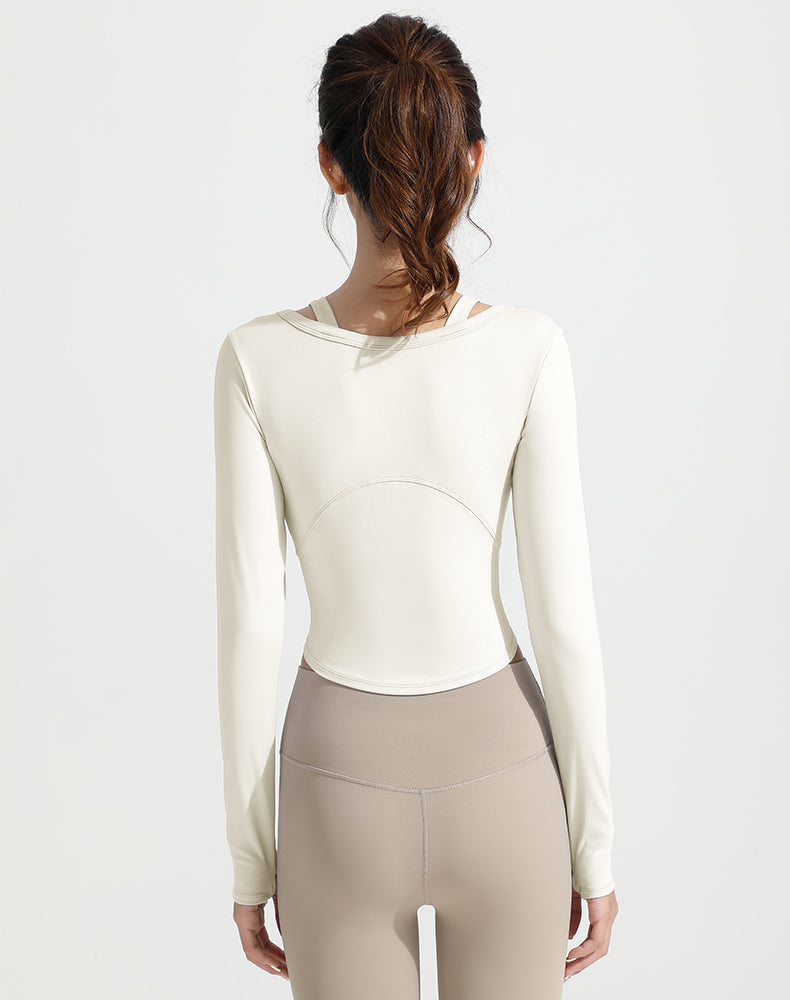 Double Shoulder Strap Round Hem Long Sleeve Yoga Top