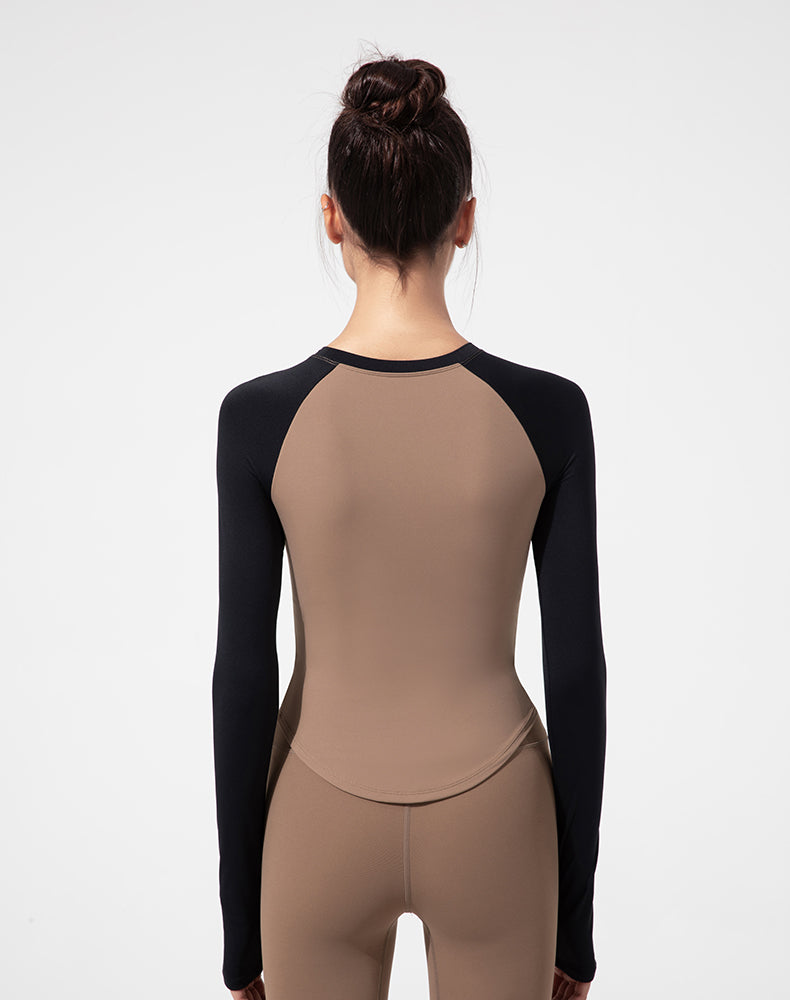 Color-Block Round Hem Long Sleeve Yoga Top