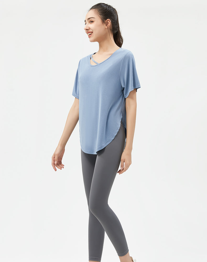 Loose Fit Round Hem Short Sleeve Yoga Top