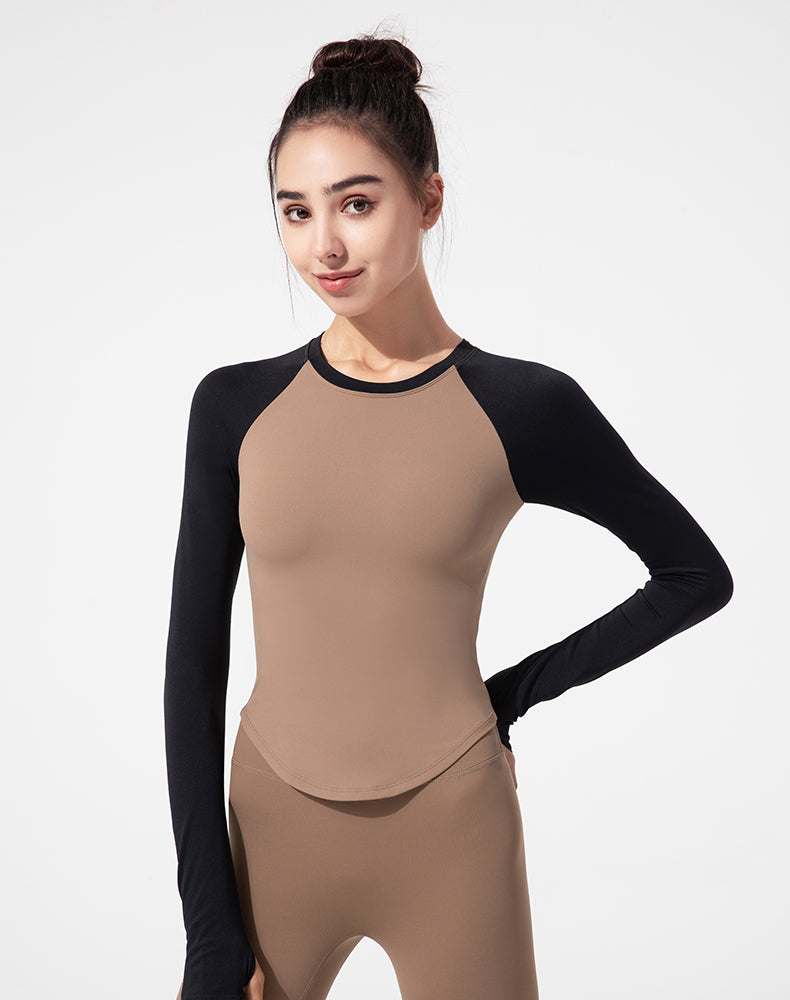 Color-Block Round Hem Long Sleeve Yoga Top