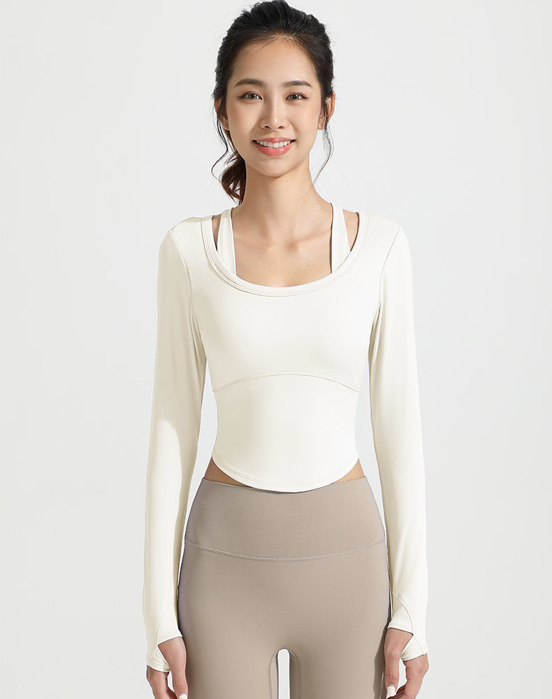 Double Shoulder Strap Round Hem Long Sleeve Yoga Top