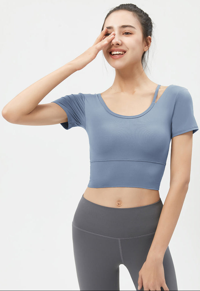 Left Shoulder Strap Short Sleeve Yoga Top