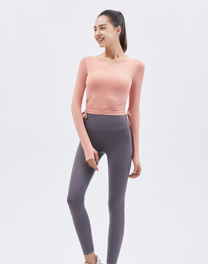 V-Neck Drawstring Long Sleeve Yoga Top