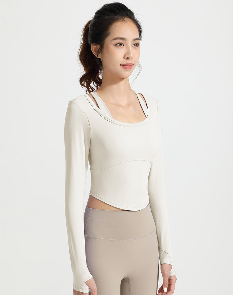 Double Shoulder Strap Round Hem Long Sleeve Yoga Top