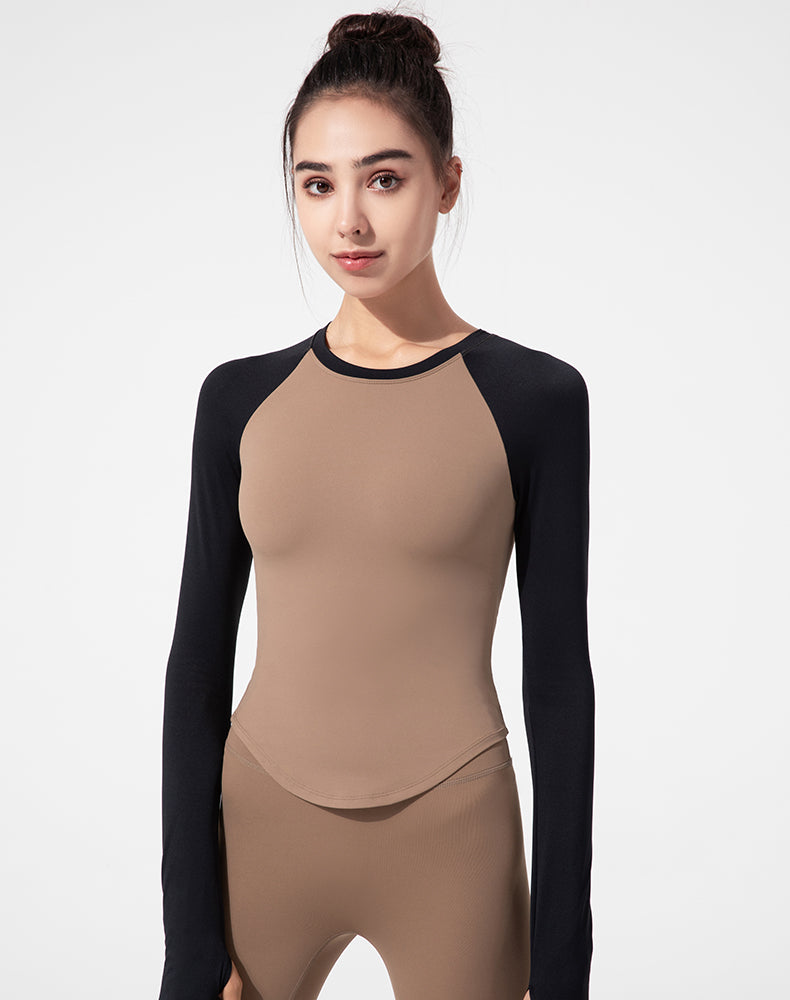 Color-Block Round Hem Long Sleeve Yoga Top