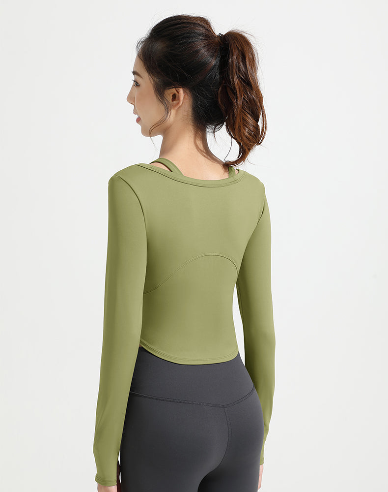 Double Shoulder Strap Round Hem Long Sleeve Yoga Top