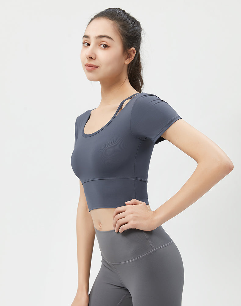 Left Shoulder Strap Short Sleeve Yoga Top