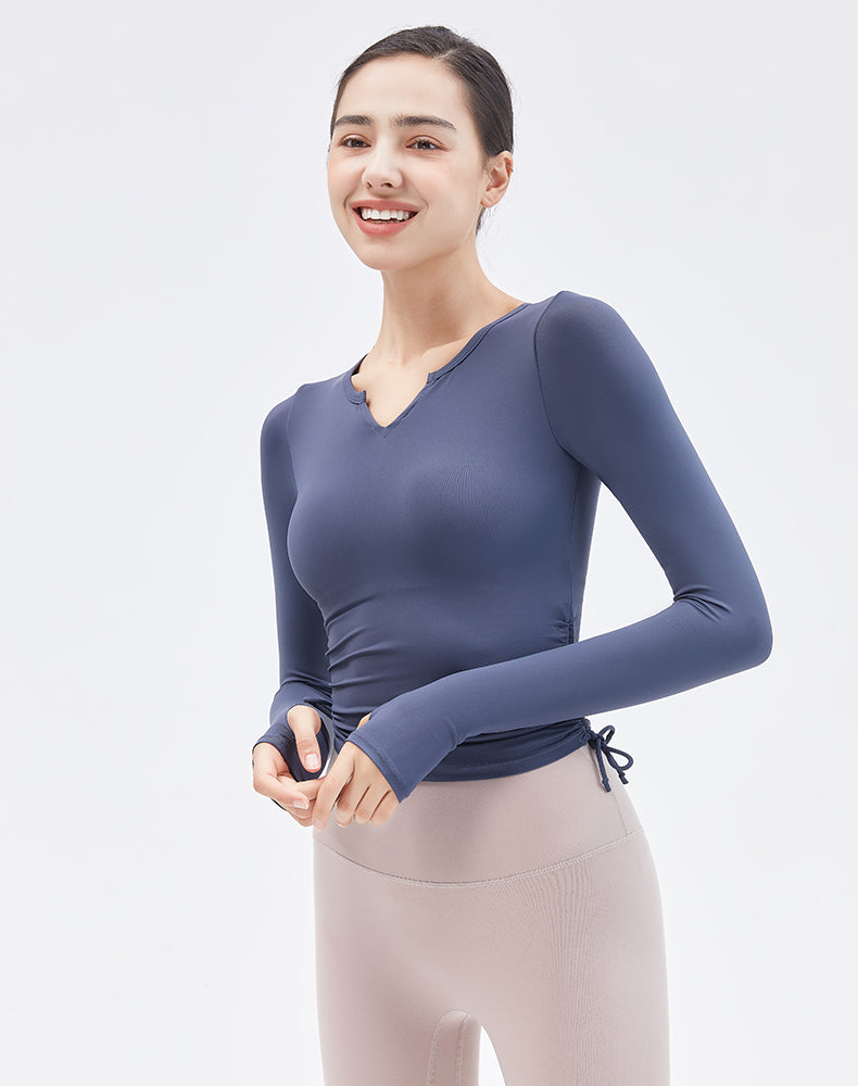 V-Neck Drawstring Long Sleeve Yoga Top