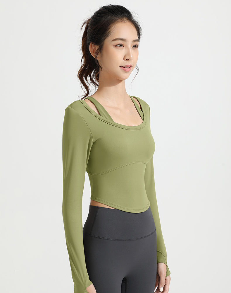 Double Shoulder Strap Round Hem Long Sleeve Yoga Top