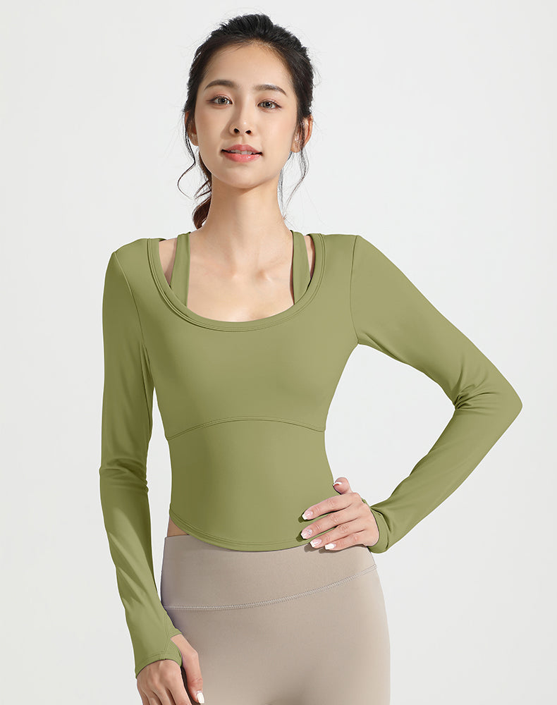 Double Shoulder Strap Round Hem Long Sleeve Yoga Top