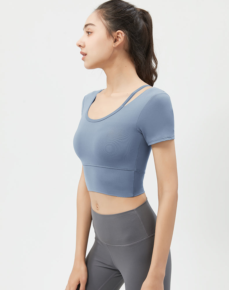 Left Shoulder Strap Short Sleeve Yoga Top