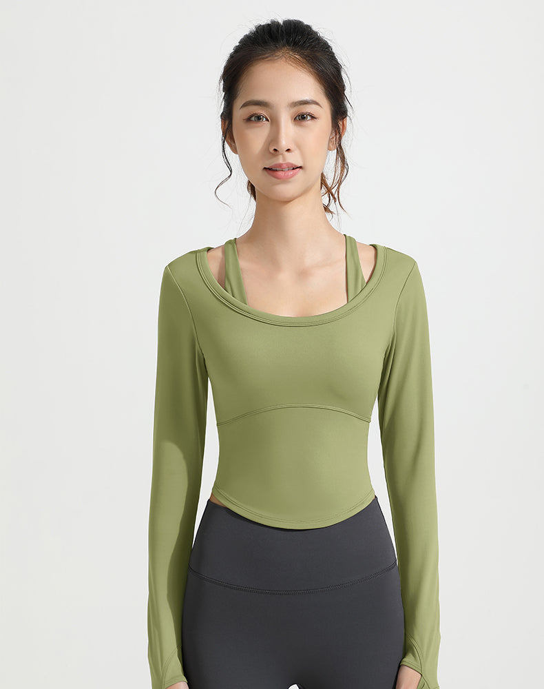 Double Shoulder Strap Round Hem Long Sleeve Yoga Top