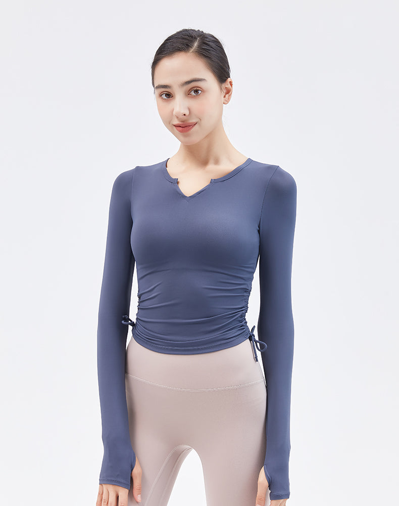 V-Neck Drawstring Long Sleeve Yoga Top