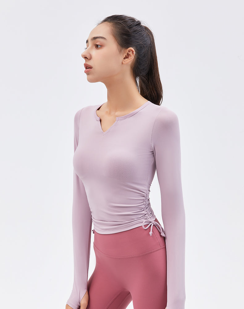 V-Neck Drawstring Long Sleeve Yoga Top