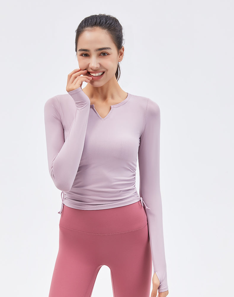 V-Neck Drawstring Long Sleeve Yoga Top