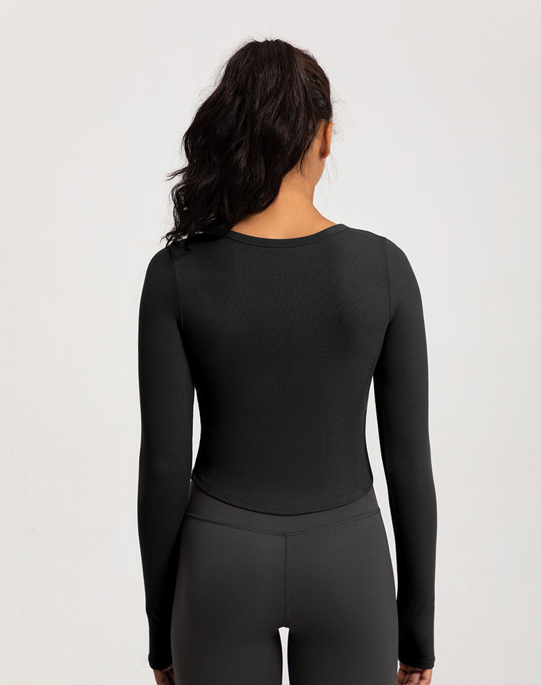 Wide Neck Ribbed Long Sleeve Yoga Top