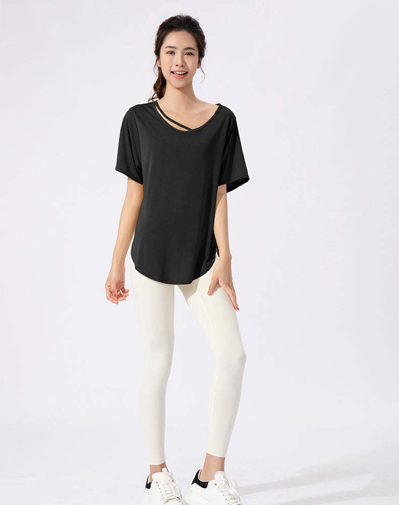 Loose Fit Round Hem Short Sleeve Yoga Top