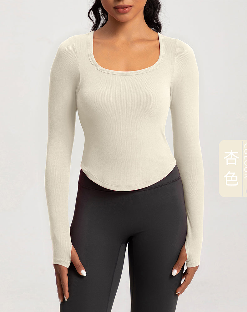 Wide Neck Ribbed Long Sleeve Yoga Top