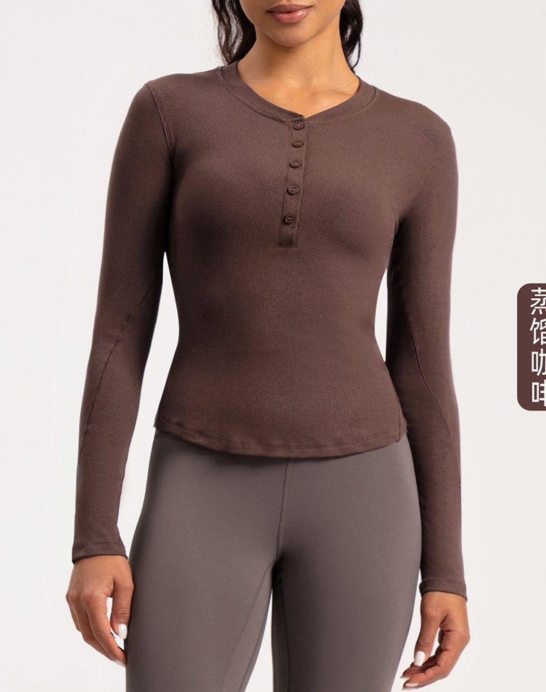 Button V-Neck Round Hem Long Sleeve Yoga Top